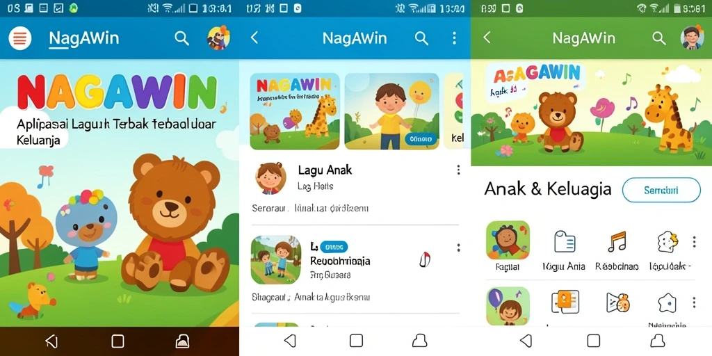 Antarmuka NAGAWIN menampilkan pilihan lagu anak yang beragam dan menarik.